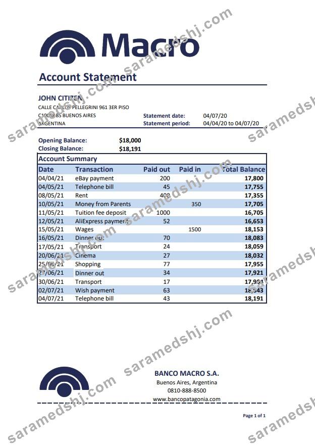 Argentina Banco Macro S. A. bank statement template in Excel and PDF format